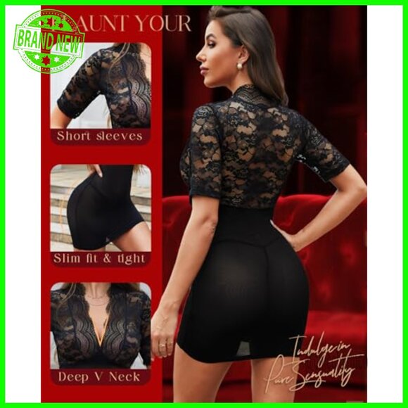 Large V-Neck Lace Chemise with Thong, Recycled Material, Half Sleeve - Picture 3 of 7